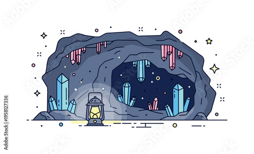 Crystal cave interior glowing crystal formations growing from cave walls while a small explorer lantern illuminates the underground space. The scene suggests