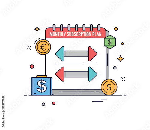 Monthly subscription plan calendar page with a repeating arrow icon and small payment symbols suggesting automatic monthly billing for digital or physical
