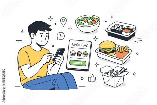 Online food order. A person ordering takeout on a smartphone, with food containers floating gently nearby. Calm modern lifestyle scene showing convenience and