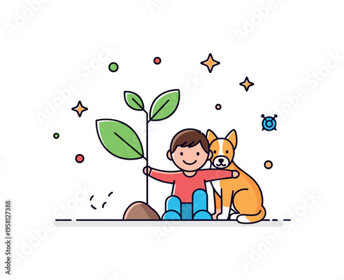 Growing up together small plant sprouting beside child and pet sitting closely, symbolizing parallel growth. A warm concept badge about lasting companionship