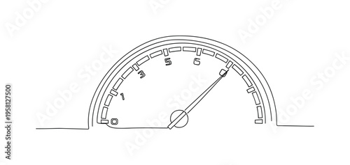 Racing Speedometer. Minimalistic one-line drawing analog speedometer with needle rapidly climbing dial, continuous single black line on white background,