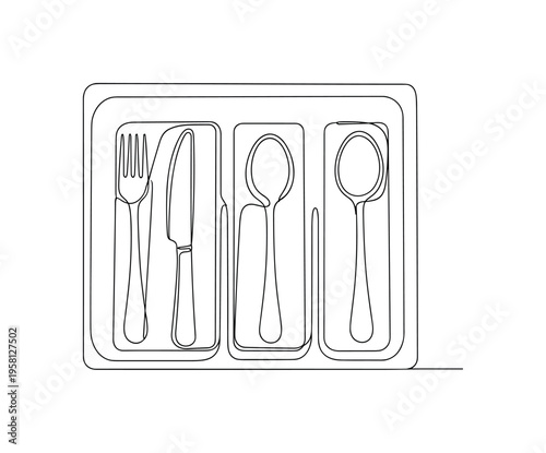 Minimal Kitchen Drawer Organizer. Minimalistic one-line drawing organized cutlery set placed inside a simple drawer divider tray, continuous single black line