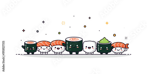 Happy sushi character set small sushi pieces with simple smiling faces standing together forming a cute and playful food themed scene. Minimalist flat vector
