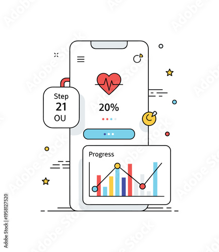 Fitness tracking interface a mobile app screen showing step count, heart rate icon and progress chart representing a modern digital assistant for daily