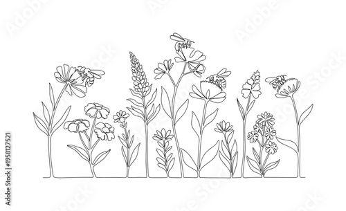 Pollinator Garden Scene. Minimalistic one-line drawing assortment of flowering plants with bees actively collecting pollen, continuous single black line on