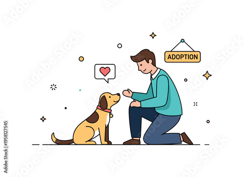 Pet adoption moment happy person kneeling to greet a friendly dog while a small heart icon and adoption sign highlight a warm connection. Gentle