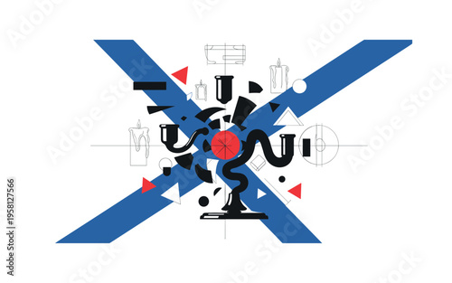 Black and white fragmented candle holder combined with floating geometric shapes, red circle placed at the center intersection, intersecting blue diagonal