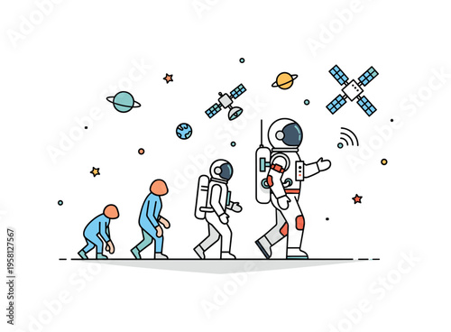 Spacefaring humanity modern astronaut appearing as the final stage of an evolution sequence while small planets and satellites float nearby. Illustration