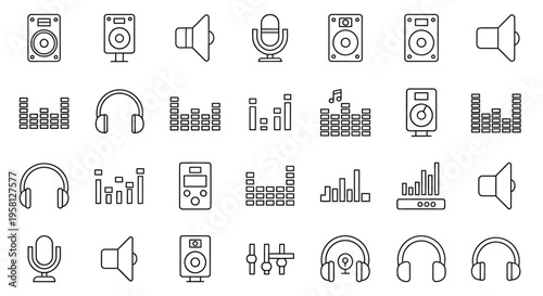 Collection of linear audio equipment and music related icons