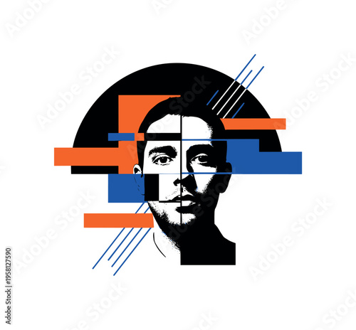 Black and white stencil portrait partially fragmented into geometric blocks, bold semicircle backdrop and diagonal lines structuring tension, vivid orange and