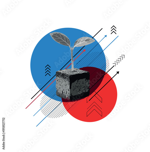 Monochrome sprout growing from a simple cube-shaped soil block, combined with overlapping blue and red circles creating layered depth, thin diagonal lines