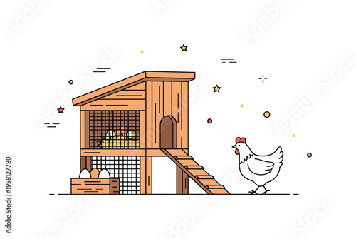 Small farm chicken shelter compact wooden coop with a small ramp and a hen walking nearby while eggs peek out from a simple nesting box. Friendly countryside