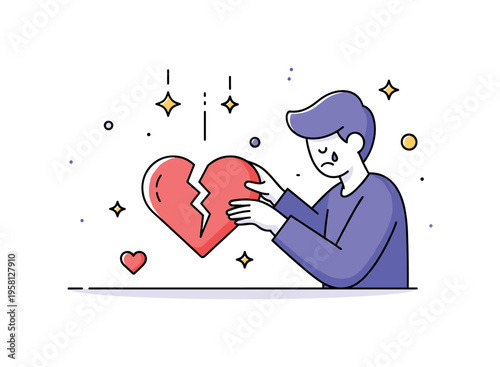 Broken heart feeling person gently touching a cracked heart symbol while tiny falling stars highlight sadness and vulnerability. Scene representing emotional