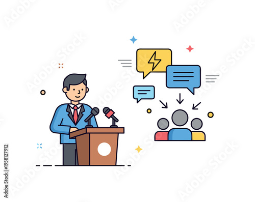 Media briefing during crisis spokesperson standing behind a small podium while microphones and speech bubbles point toward an audience icon. The