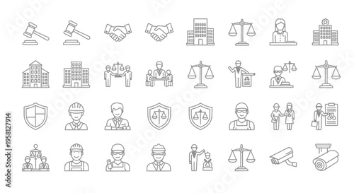Legal and business related line icons depicting justice law and contracts