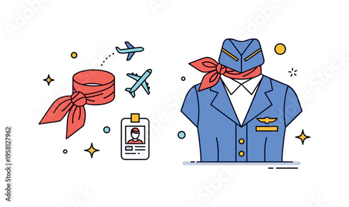 Flight attendant uniform elegance stylish cabin crew uniform displayed with scarf, badge, and small airplane icon suggesting professionalism and the