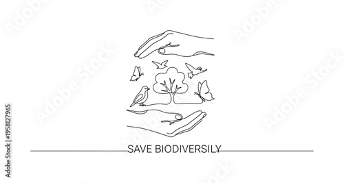 Save Biodiversity. Minimalistic one-line drawing protective hands surrounding small tree, bird and butterfly shapes, continuous single black line on white