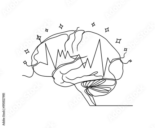Mental Illness Symbol. Minimalistic one-line drawing abstract representation of brain with fragmented or jagged lines illustrating mental disorder, continuous