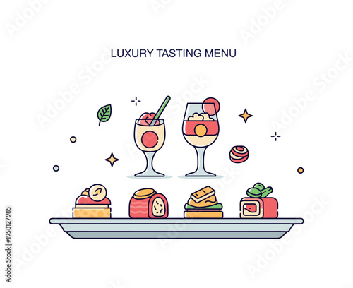 Luxury tasting menu small selection of miniature portions arranged symmetrically on a sleek plate, conveying exclusivity and curated flavors. A stylish concept