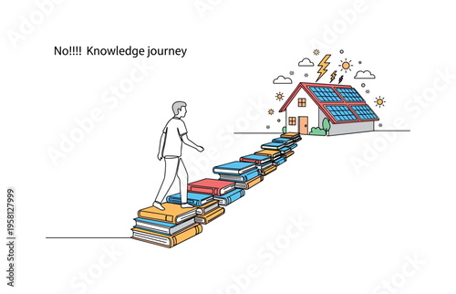 Knowledge Journey. Minimalistic one-line drawing person walking along path made of books symbolizing journey of personal growth through reading, continuous