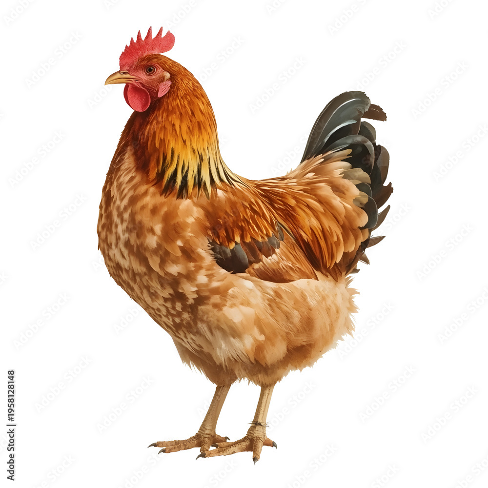 Fototapeta premium Illustration of a brown rooster standing against a white background in side view