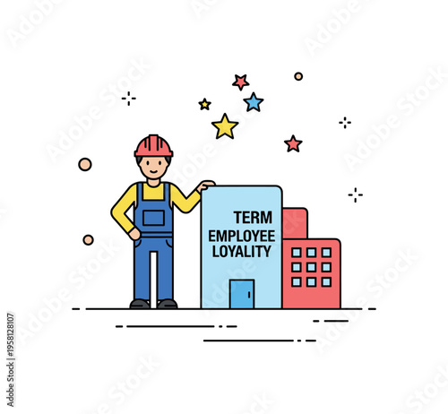 Long term employee loyalty worker standing proudly beside a company building icon while small star badges appear above. The scene symbolizes commitment,