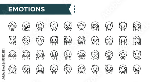 Collection of diverse line art icons depicting various human emotions