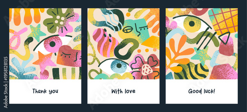 Set greeting cards design with abstract doodle elements. Postcards with different textures, geometric shapes, and flowers. Creative templates with plants, leaves and eyes. Flat vector illustrations