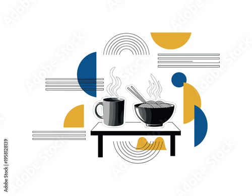 black and white steaming mug and bowl of noodles placed on a simple table, cut-out collage object with white outline, floating semicircles and horizontal bars
