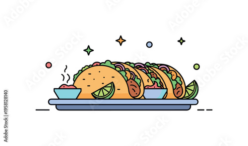 Seafood taco platter featuring a small trio of fish tacos with dipping sauce and lime, expressing variety and casual sharing moments. The composition feels