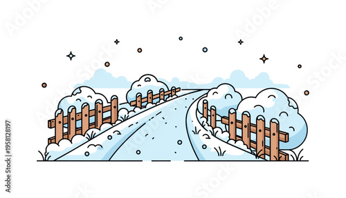 Frozen snowy path along a quiet countryside lane with small fences and snow-dusted bushes, conveying peaceful wintertime charm and gentle nature. Minimalist