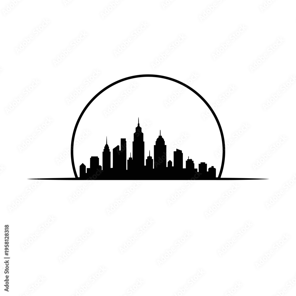 Obraz premium Black silhouette of city skyline buildings.