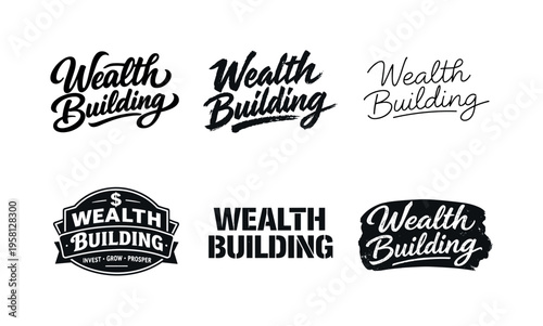 Wealth Building. Set lettering. harmonious lettering variations of the same emblematic concept, each with different artistic interpretation (Bold