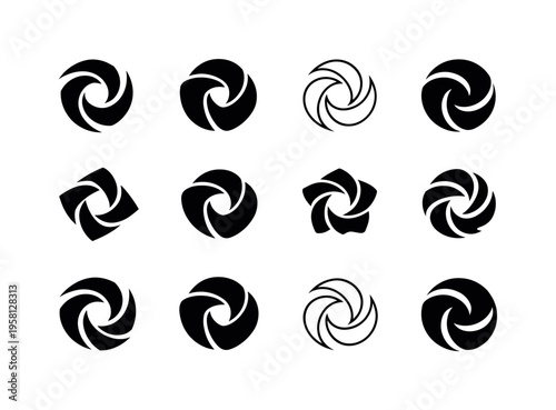 Taking. Icon set. Set Logo of Taking: inward motion swirl. harmonious logo variations of the same emblematic concept, each with different artistic