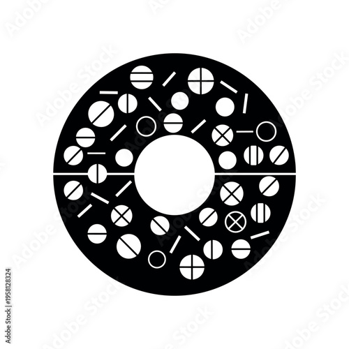 donut with sprinkles, geometric circles abstract lines and minimal shapes highlighting playful pattern, black and white retro donut with sprinkle textures