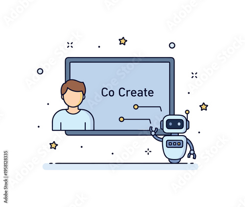 Human and AI teamwork illustrated with a person icon and a small robot figure standing beside a shared digital dashboard labeled ?Co Create?. The composition