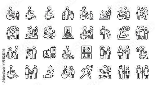 Line art icons depicting diverse people accessibility and family interactions