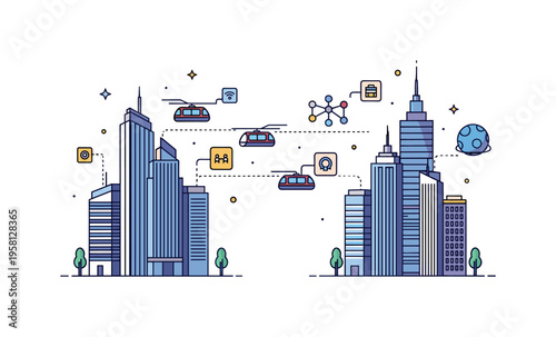 Next generation smart city in space featuring sleek skyscrapers connected by aerial transit vehicles and small data network icons floating nearby.