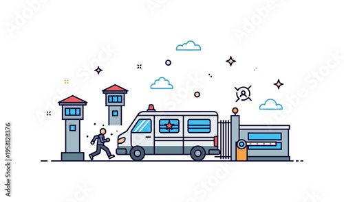 Justice system prisoner transport centered on a correctional van leaving a facility gate with small guard tower icons in the background. The scene reflects