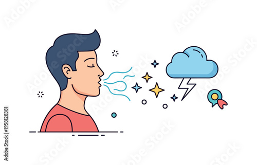 Breathing exercise for calm a person inhaling deeply with visible breath flow lines while a small storm cloud icon transforms into soft stars expressing relief