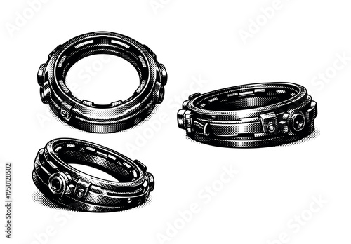 Astronaut helmet neck ring with locking grooves and mechanical coupling detail, illustrated as a single realistic helmet ring shown in three views including