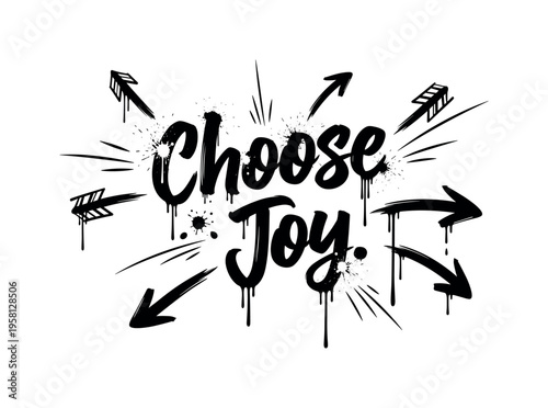 Choose Joy. lettering and all elements in black. Vector style. AWhite background. Pure white background. Perfect isolation and visual consistency. Dynamic