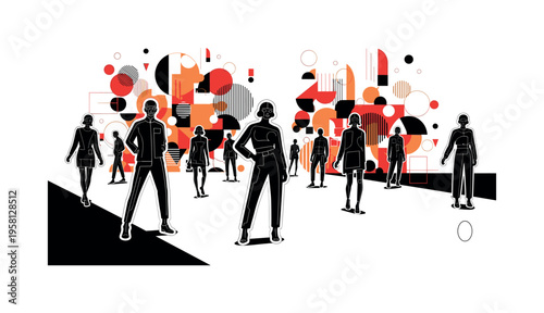 fashion runway with multiple models abstract circles lines and geometric shapes representing seasonal designer collection display black and white retro human