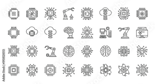 Collection of line art icons representing artificial intelligence and technology