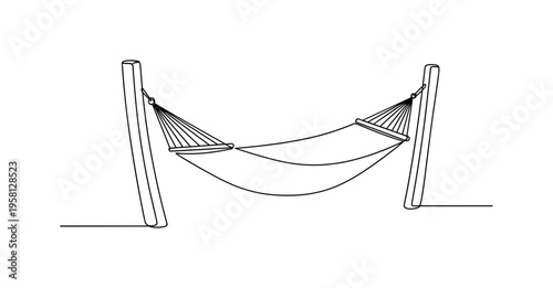 Outdoor Hammock. Minimalistic one-line drawing hammock suspended between two simple posts forming a gentle curved resting shape, continuous single black line