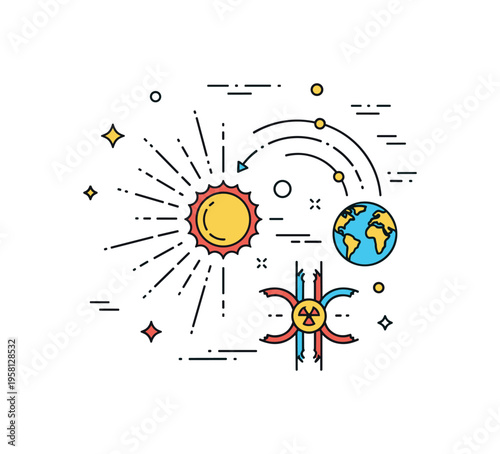Space weather radiation burst energetic particles radiating outward from a stylized sun while a small Earth icon and curved magnetic lines illustrate the