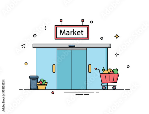 Grocery store entrance with automatic sliding doors and a simple sign reading ?Market? above while a small shopping cart icon sits nearby. Friendly everyday