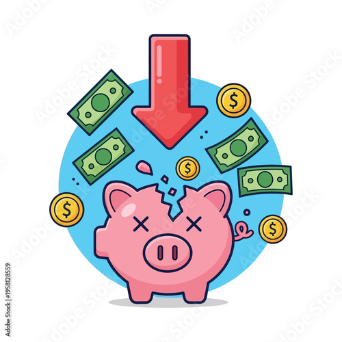 A piggy bank losing money as cash falls downwards around it.