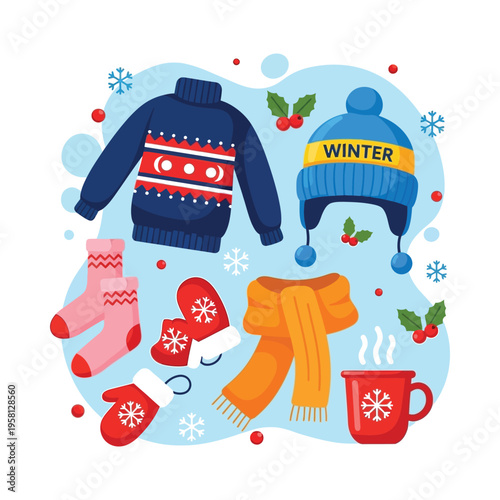 Cozy winter clothing and accessories set for a snug cold-weather day