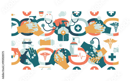 hospital hand hygiene practice seamless pattern, hands being washed sanitizer pumps soap bubbles and medical symbols arranged in a repeating pattern, white